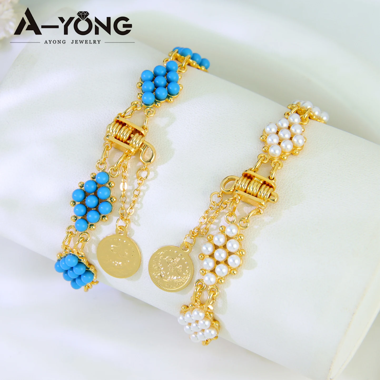 Dubai Mode Perlenarmband 21k Vergoldet Italienischer Boho Eleganter Blauer Stein Armbänder Arabische Damen Braut Event Party Schmuck – Detail 5