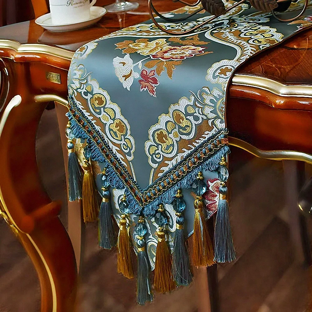 Luxury Damask Table Runner, Floral Jacquard Dining Table Runner with Multi-Tassels for Dining Room Dresser Party Banquet Decor