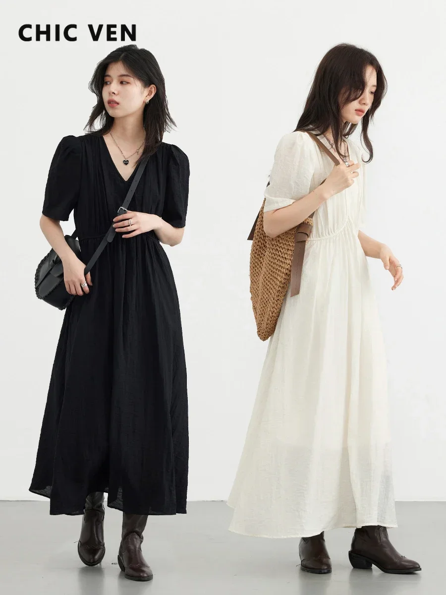 ชุดเดรสแขนพองคอวีวินเทจสำหรับผู้หญิงชุดเดรสยาวสีขาวทรงหลวมฤดูร้อน2023ใหม่