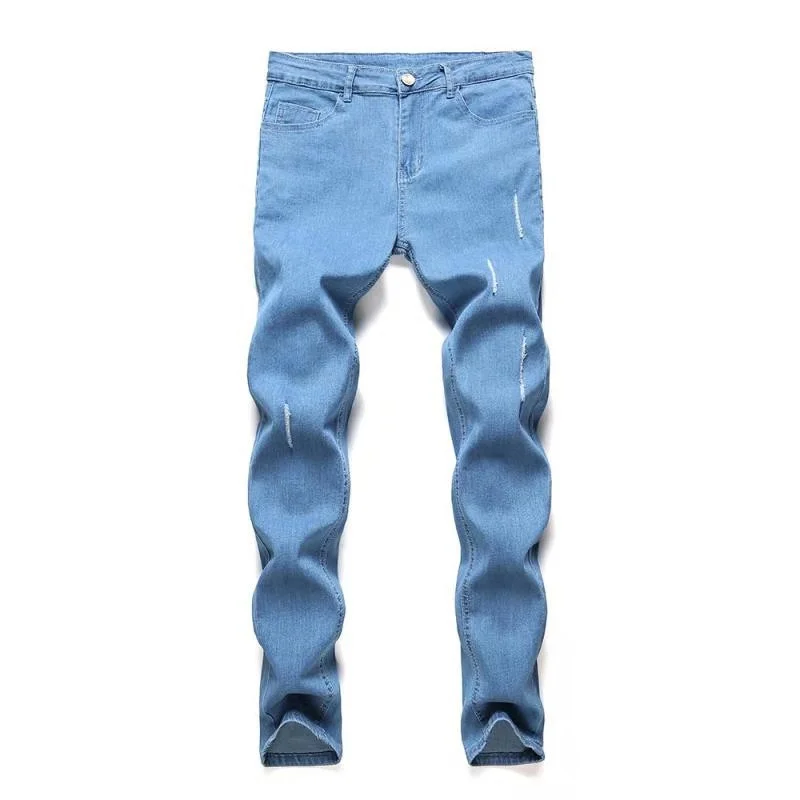 Youth Casual Slim Fit Denim Pants Men's Blue Tight Mid-waist Cotton Pencil Jeans New Cool Four Seasons Solid Color Trousers Male