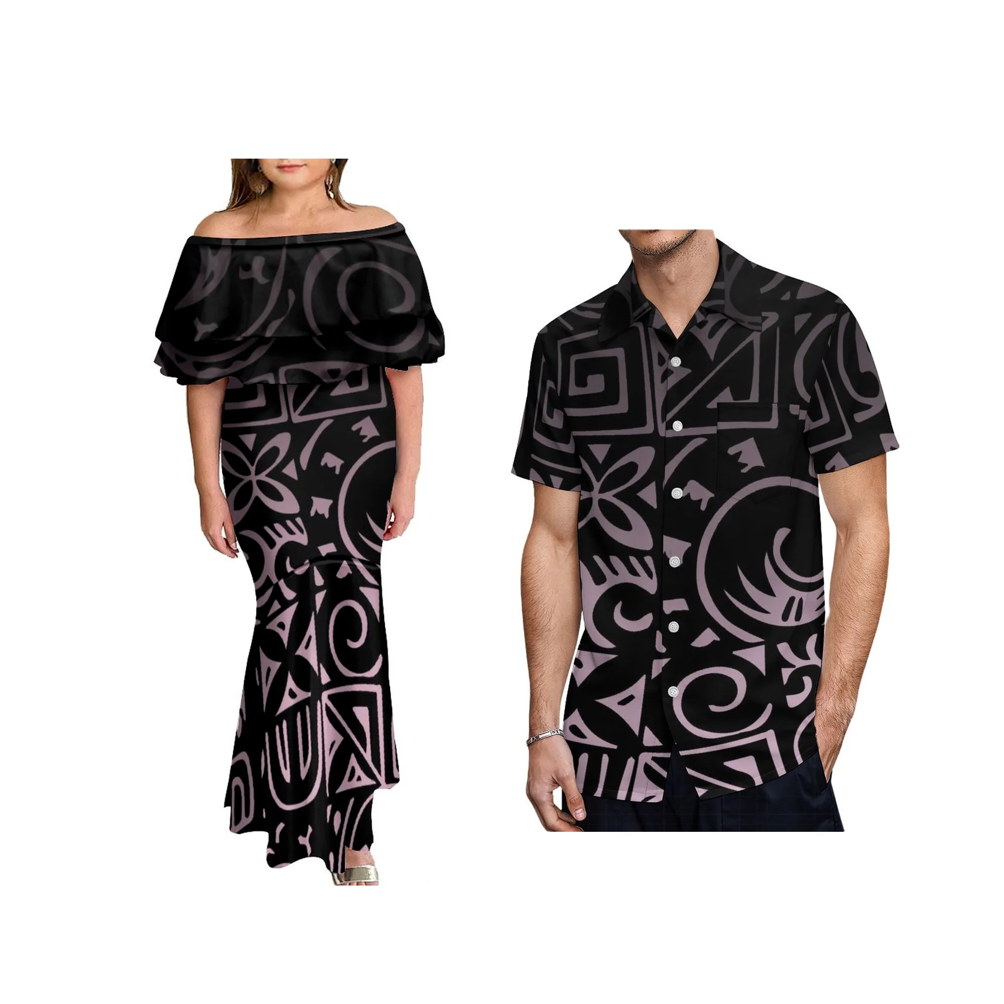 Wholesale Large Size Polynesian Tribal Design Samoan Dress Custom Double Layer Ruffle Off Shoulder Fishtail Dress Prom Dresses