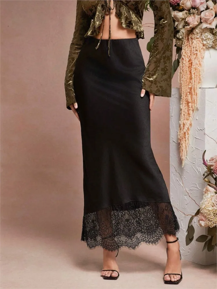 Women's New Fashion Simple Solid Color Commuting Skirt Spring Temperament Elegant Stitching Lace Satin Versatile Long Skirt