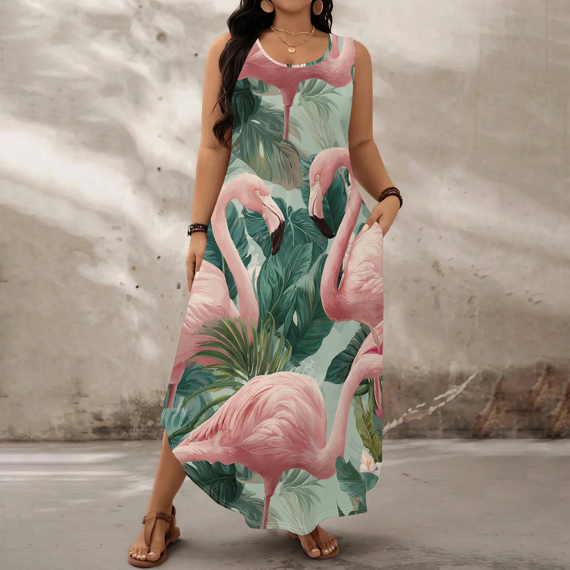 

Women's Plus Size Flamingo Tropical Print Maxi Dress - Sleeveless Loose Fit - Summer Beach Vacation & Pool Party