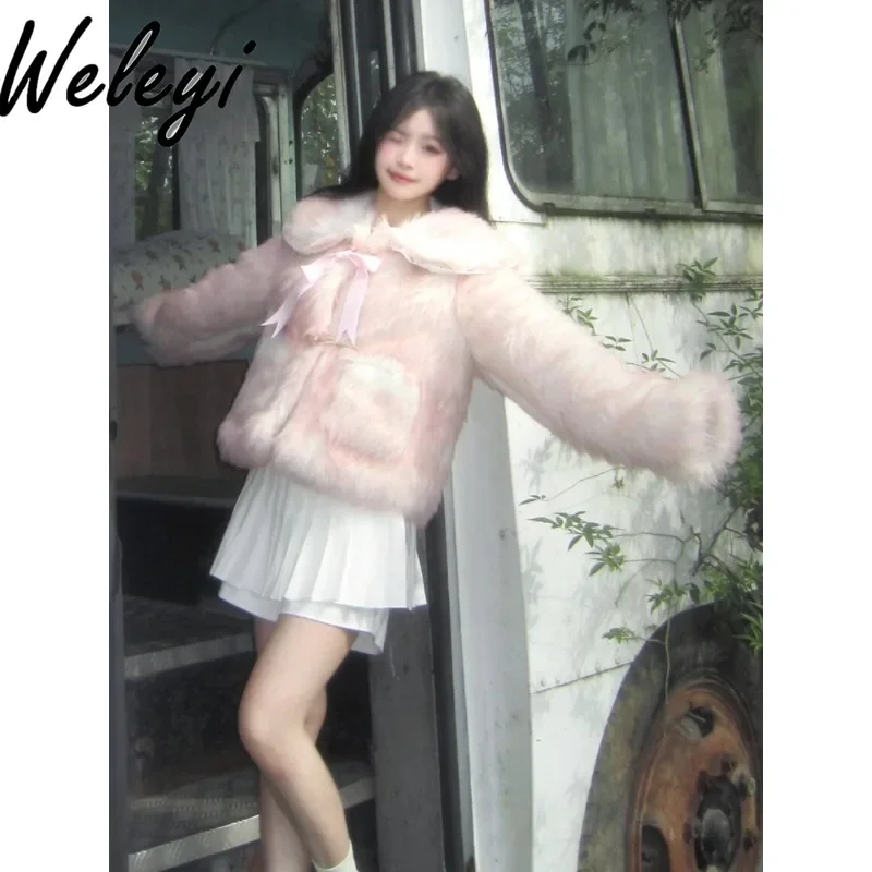 American Fashion Fox Fur Jacket Women's Winter Short 2024 Streetwear New Pink Progressive Dyed Premium Furry Long Sleeved Tops