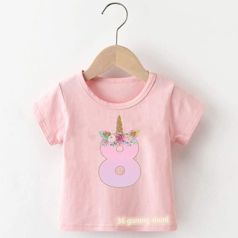 Kawaii Girls T-Shirt Cute Unicorn 2-9th Birthday Digital Print For Kids Birthday Gift Clothing Summer Kids Clothes Tshirt Tops