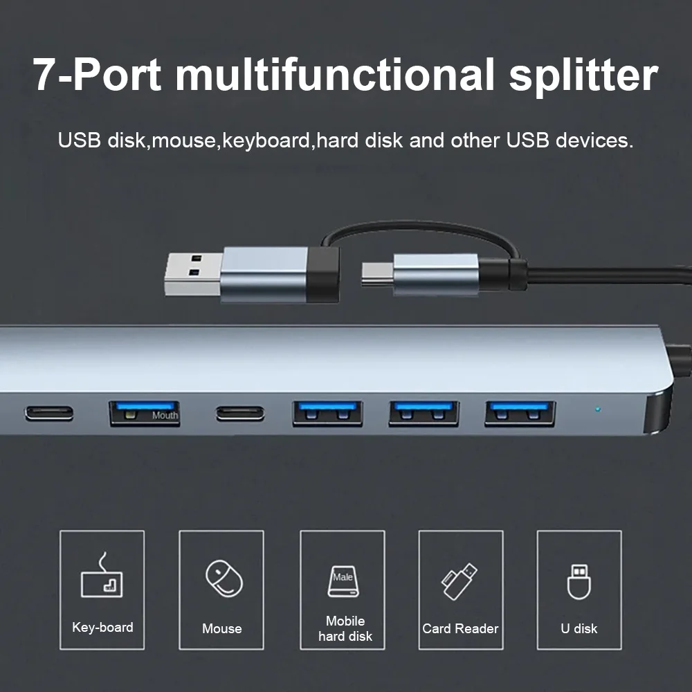 2 in 1 4/7 Port USB Type-C Expander USB3.0 High Speed Transmission Multi-port Usb Splitter Suitable for Laptops and Desktops