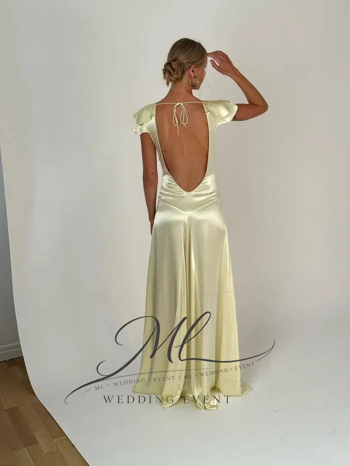 

ML Sexy New Deep V Neck Evening Gown Dress Backless Light Yellow Prom Gown Elegant Floor Length A Line Party Dress Customized