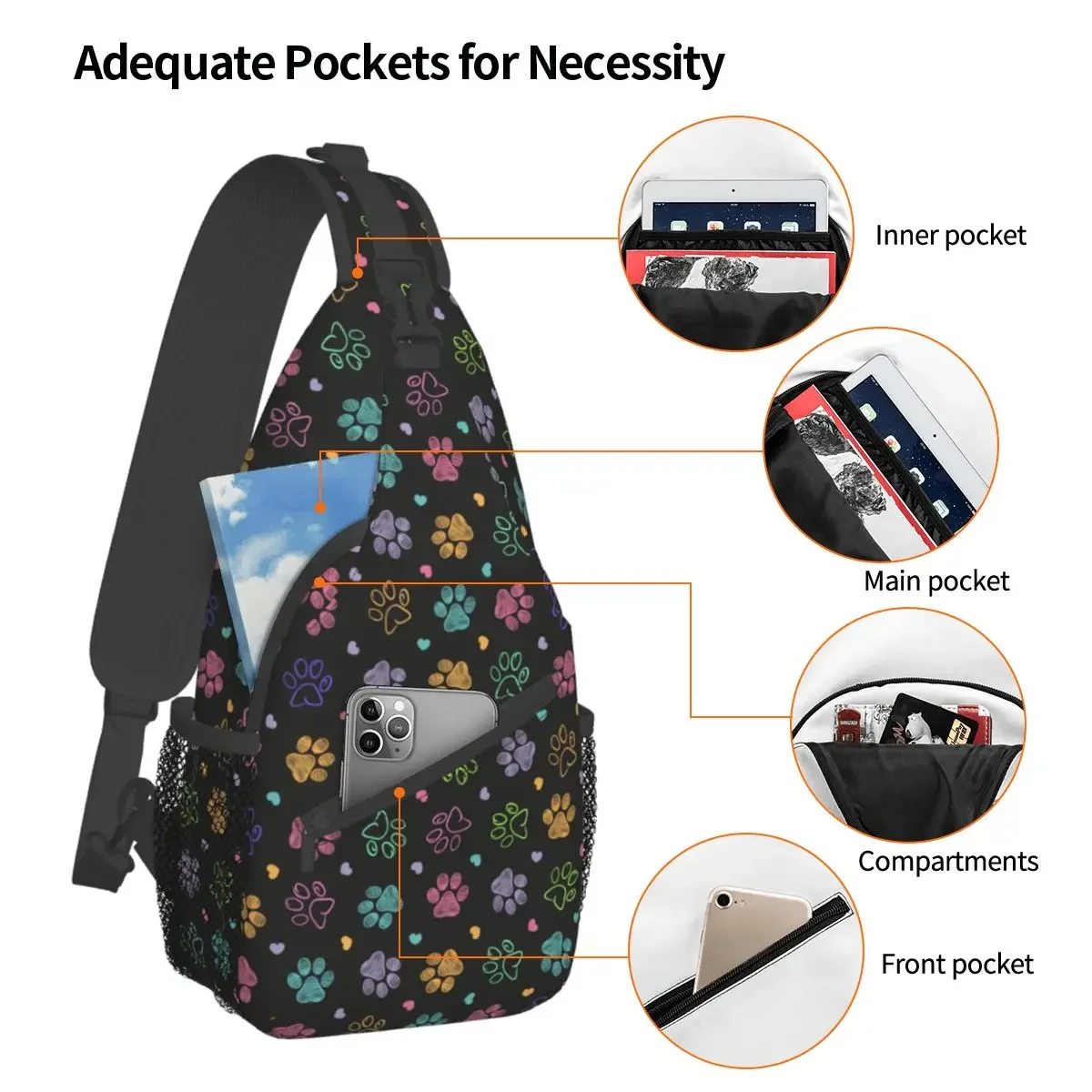 Colorful Doodle Paw Crossbody Sling Bags Printed Chest Bag Dog Cat Shoulder Backpack Daypack for Hiking Outdoor Cycling Bag