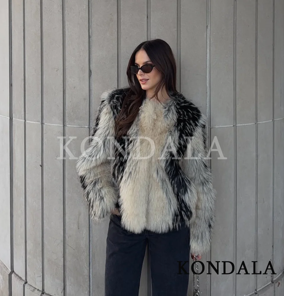KONDALA معطف فرو نسائي عالي الشارع سترة عصرية متباينة برقبة دائرية سترة من الفرو الصناعي معطف موضة خريف وشتاء 2025 معطف نسائي ريترو #2