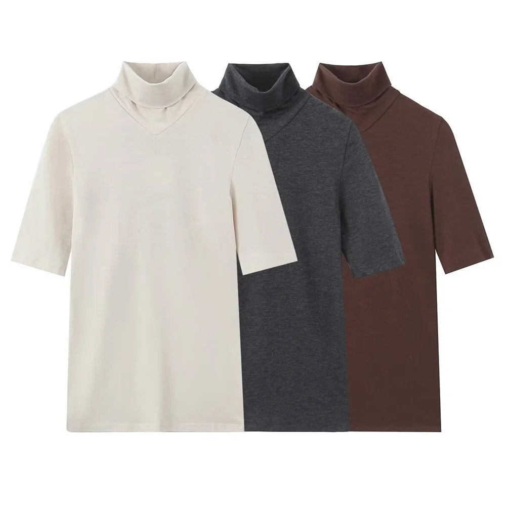 

ZARF2024 autumn new women's clothing advanced simple casual multi-color selection basic high collar short sleeve T-shirt