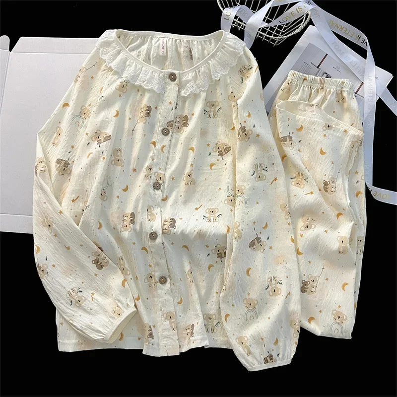 Girls Cloud Cotton Two-Piece Pajama Set Student Cartoon Pattern Long-Sleeve Long-Pant Pajamas Women Loose Sweet Homewear Adult