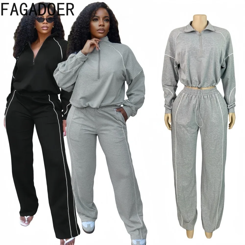 

FAGADOER Casual Two Piece Outfits Woman Solid Color Zipper Long Sleeve Crop Top and Pants Matching Suit Female Streetwear New