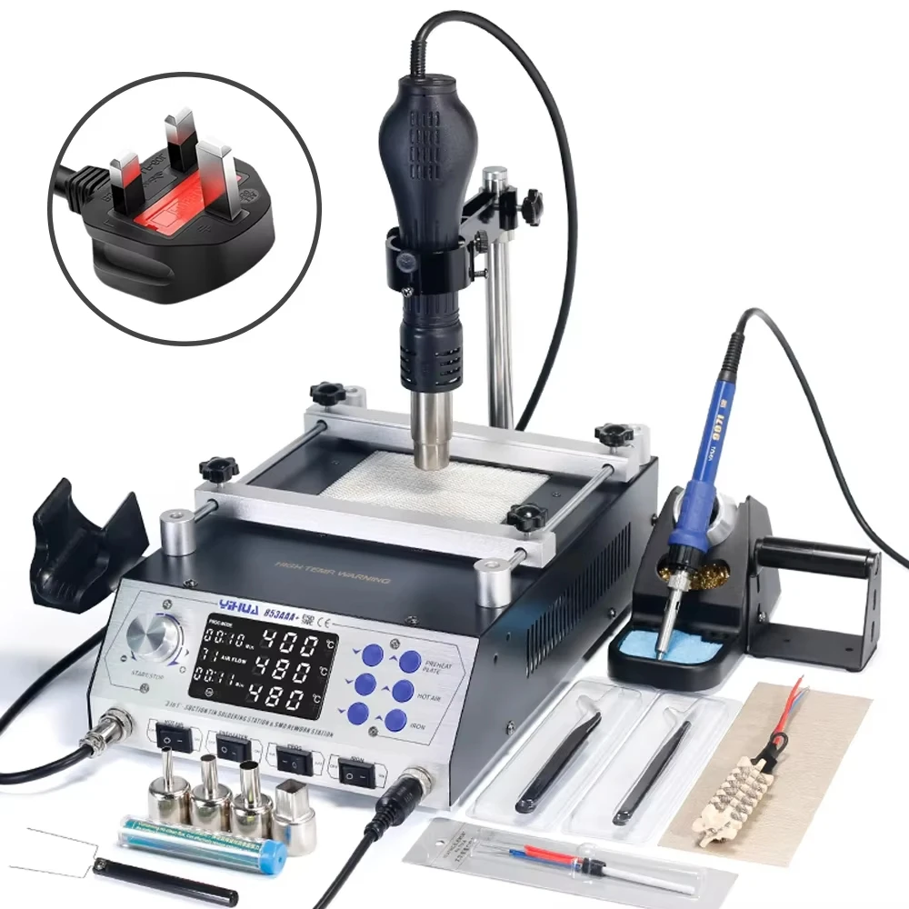 

YIHUA 853AAA+ Hot Air Rework Station 480°C Air Gun 400°C Preheat Plate 60W Iron Brushless Fan