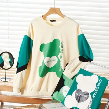 150kg busto feminino tamanho grande 157 primavera manga comprida solta em torno do pescoço impresso moletom casual 6xl 7xl 8xl 9xl 10xl 3-cores