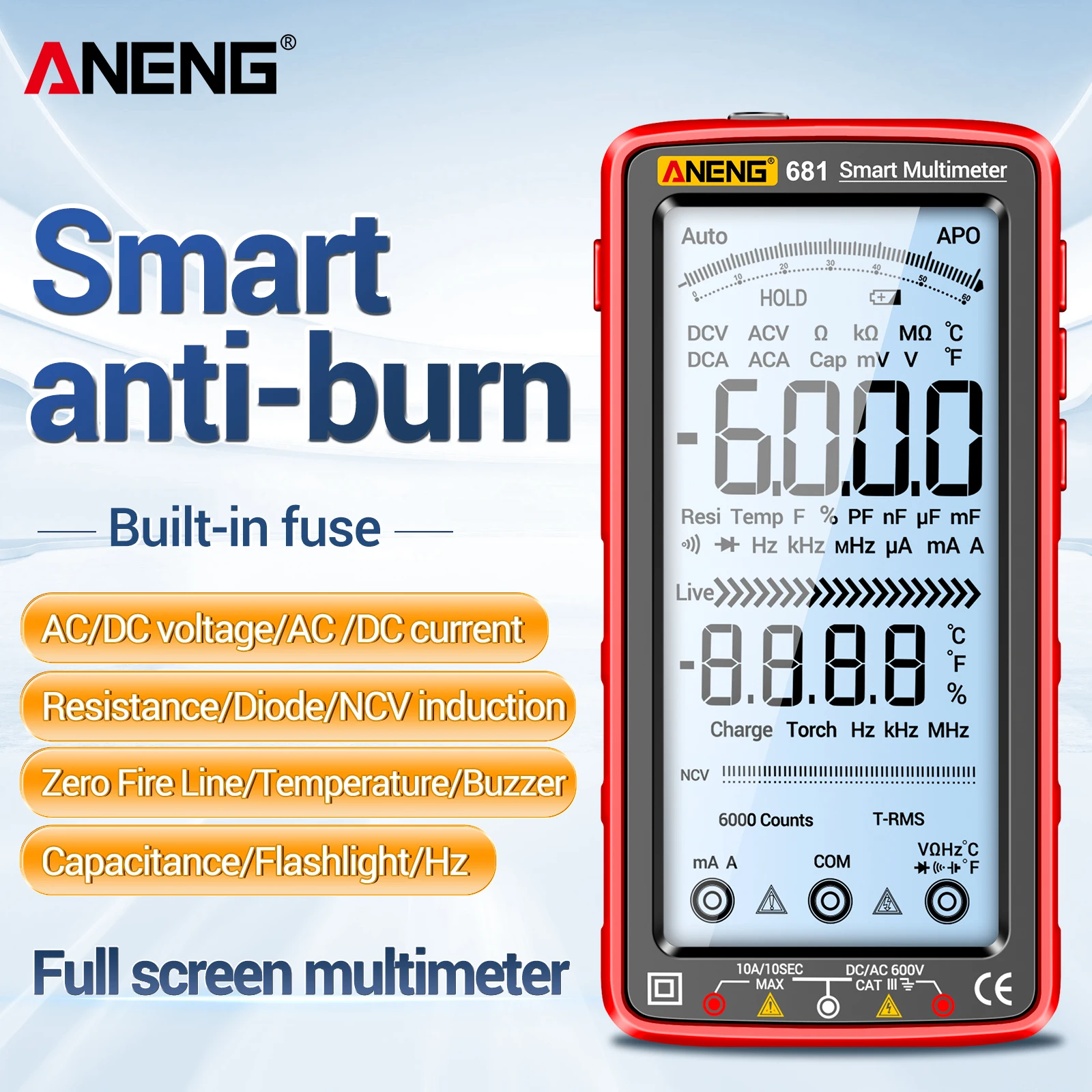 ANENG 681 Rechargeable Multimeter Professional Non-contact Voltage Detector AC DC Voltage Current Tester with LCD Display