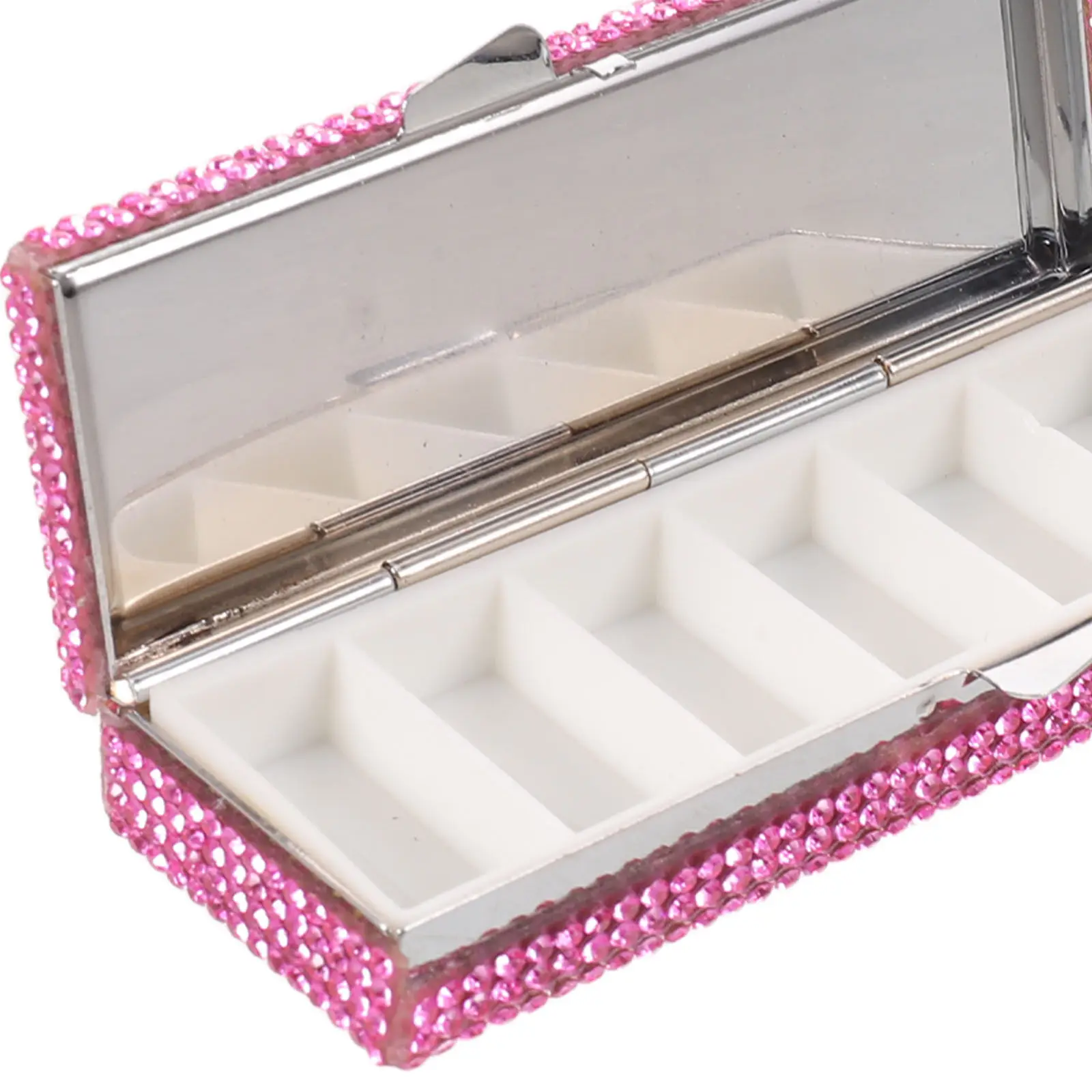 Aluminum Alloy 6 Compartment Rhinestone Pill Box Bling Organizer Keychain Portable Travel Medicine Case Small Pink Purse Pill