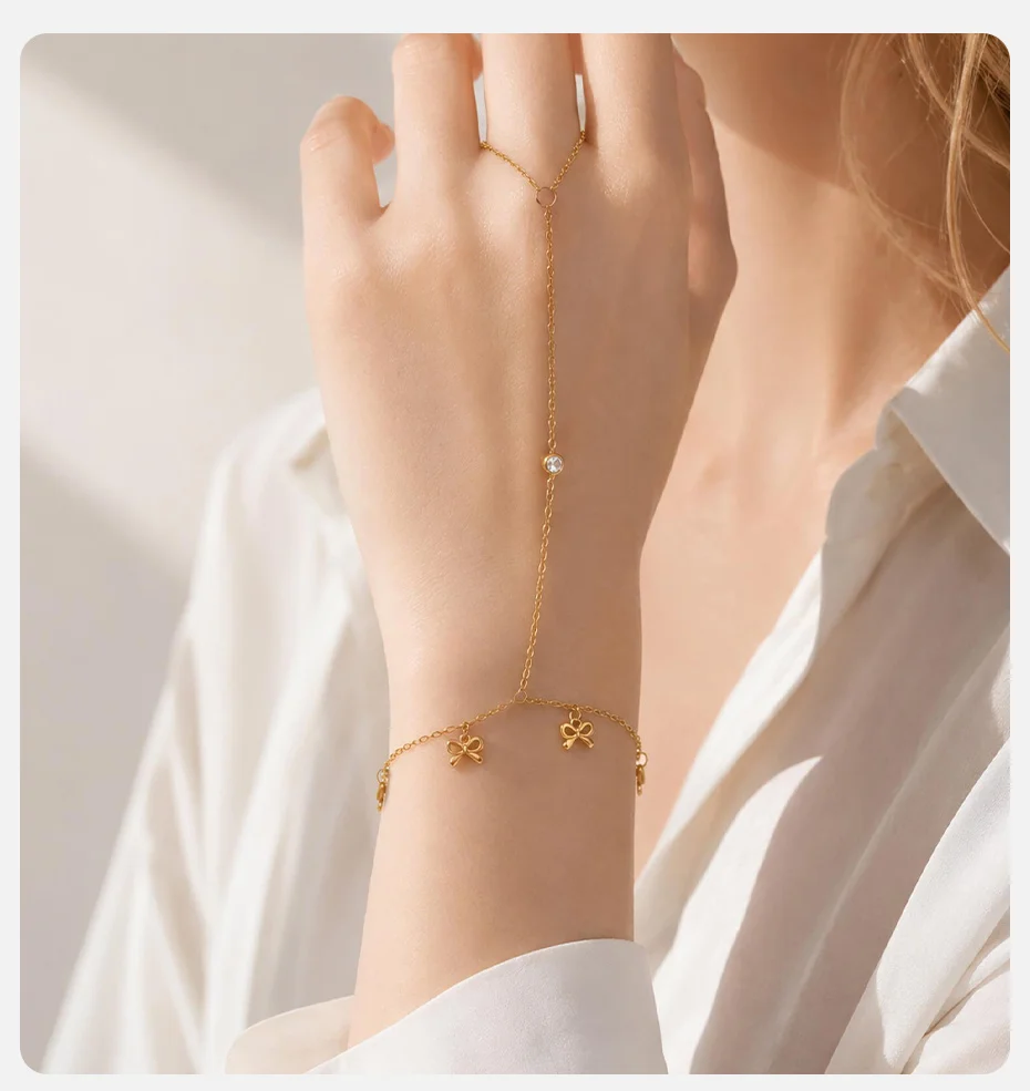VNOX Elegante Vergoldete Handkette mit Imitationsperlen-Armband für Damen, Trendige Schleife, Türkis-Charms, Fingerarmbänder, Boho-Schmuck – Detail 2