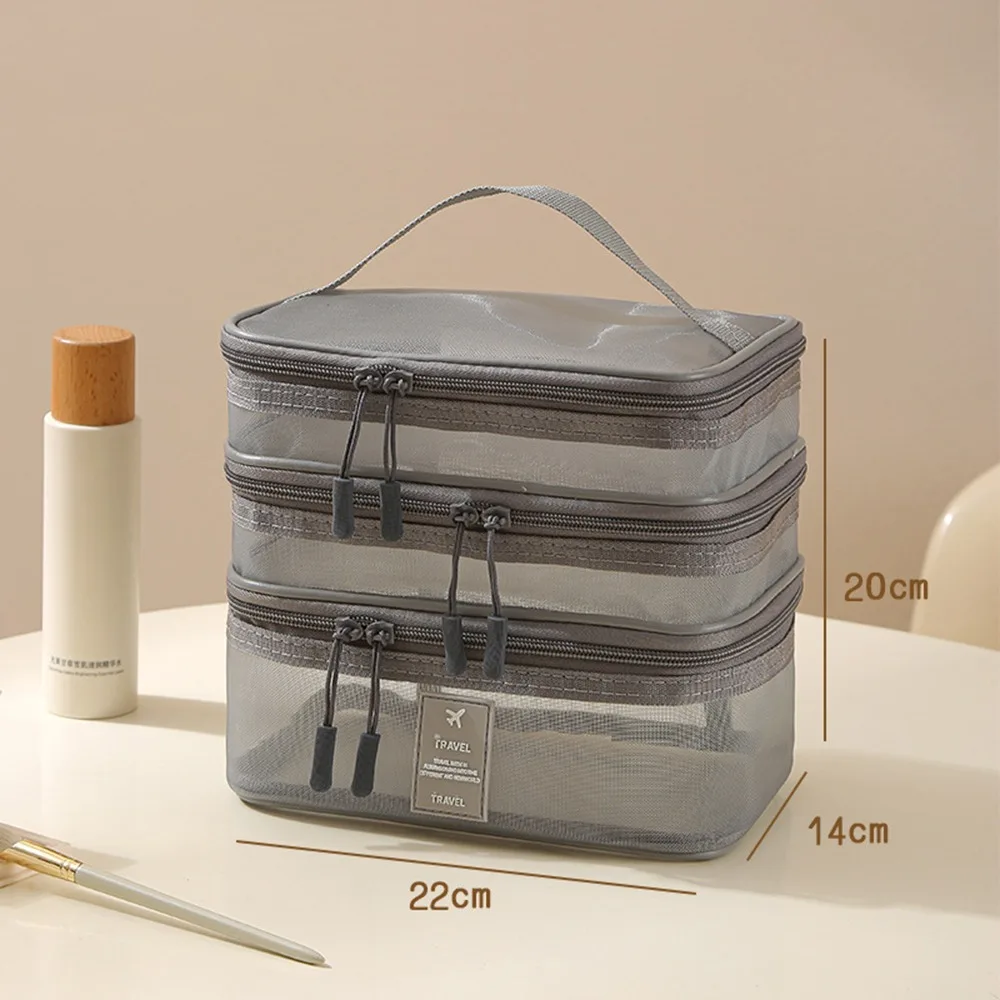 

New 3 Layer Cosmetic Bag Transparent Mesh Large Capacity Toiletry Storage Bag Multifunctional Makeup Case Women
