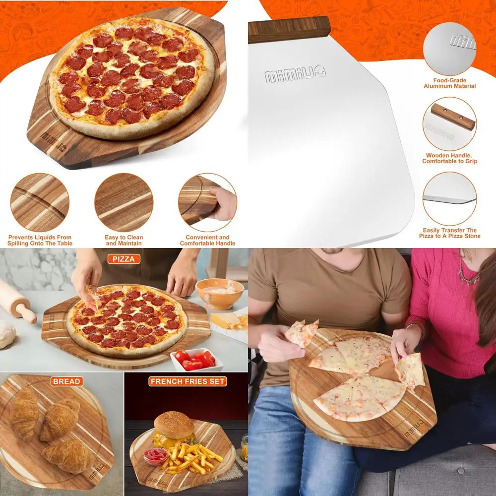 

15 Acacia Wood Pizza Serving Tray with Aluminum Peel for Baking and Serving Dishes