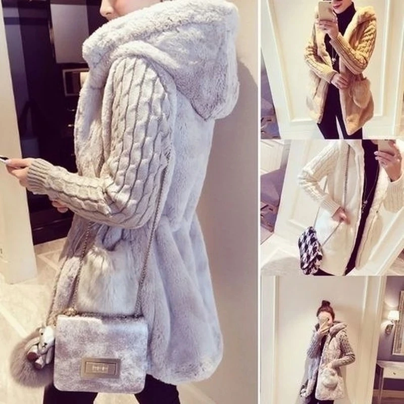 Fashion Faux Fur Coats Women Winter Hooded Zipper Chic Outwear Female Patchwork Thick Warm Fur Luxury Knitted Jacket Lady XQ43