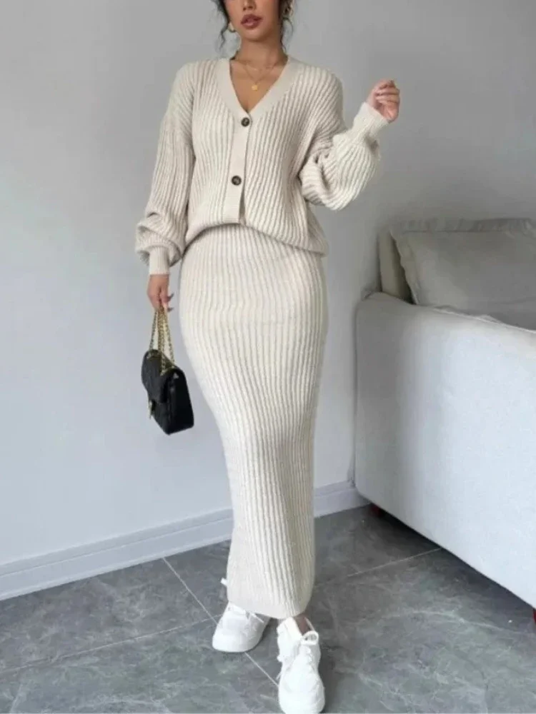 Cardigan ample pour femmes, ensemble deux pièces, manches longues, col en v, veste pull, jupe serrée aux hanches, ensemble tricoté élégant, nouvelle collection automne hiver