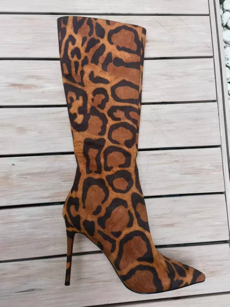 

Leopard Print 10 Cm High Heel Long Boots Women's Sexy Pointed Toe Stiletto Heels Knee High Boots Lady Plus Size 42 High Quality