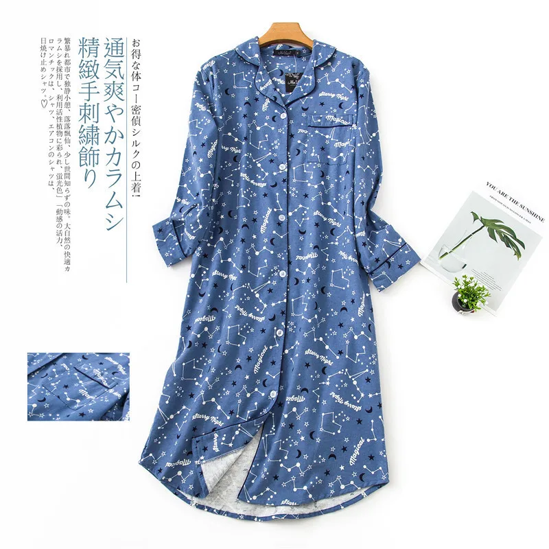 2024 Spring Autumn Female Casual Night Dress Ladies 100% Cotton Nightgown Women Long Sleeve Turn-down Collar Cardigan Sleepshirt