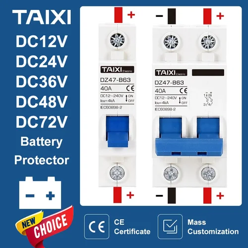 DC 12V 24V 48V 36V 72V MCB batería Protector de coche Mini disyuntor DZ47 aislador de interruptor de protección de poste positivo y negativo
