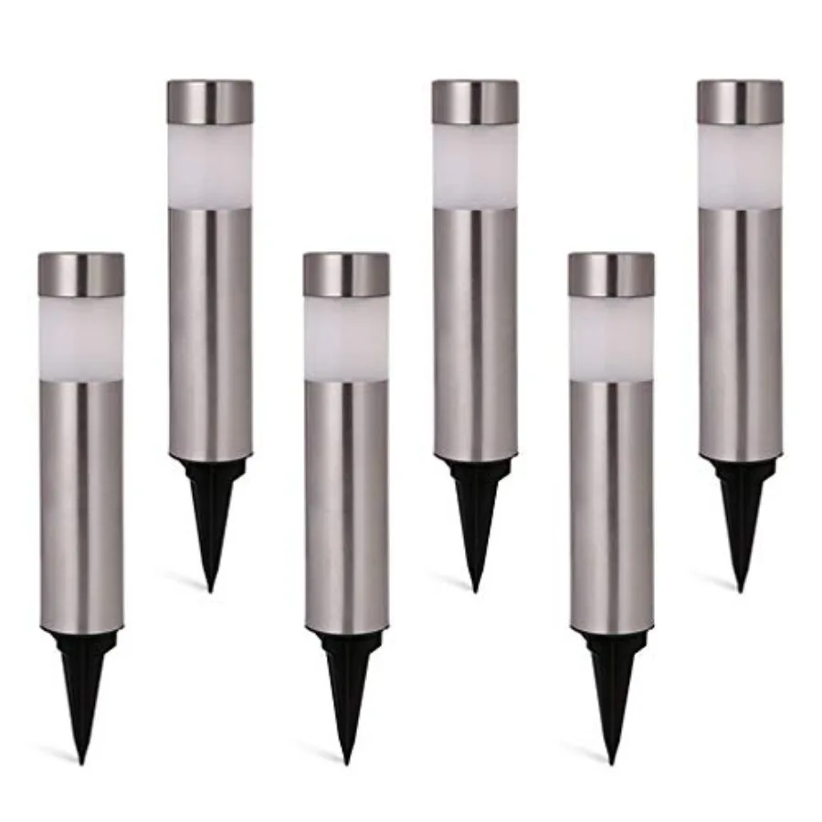 Solar Bollard Lights Outdoor - 6 Pack Stainless Steel Warm White LED Landscape Lights Waterproof Decorative Lighting for Backya