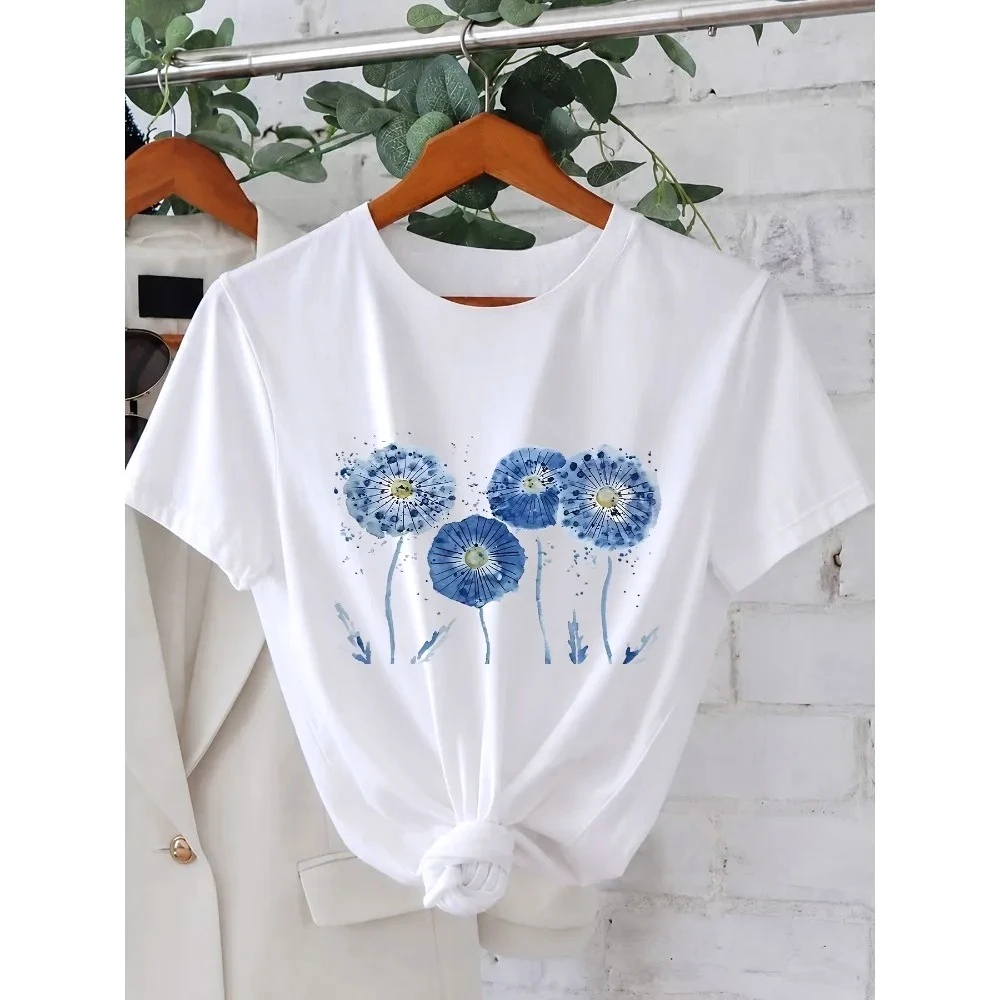 Women's Artistic T-Shirt Elegant Women Y2k Fresh Natural and Artistic Hand Painted Blue Watercolor Dandelion Print Cheap Clothes