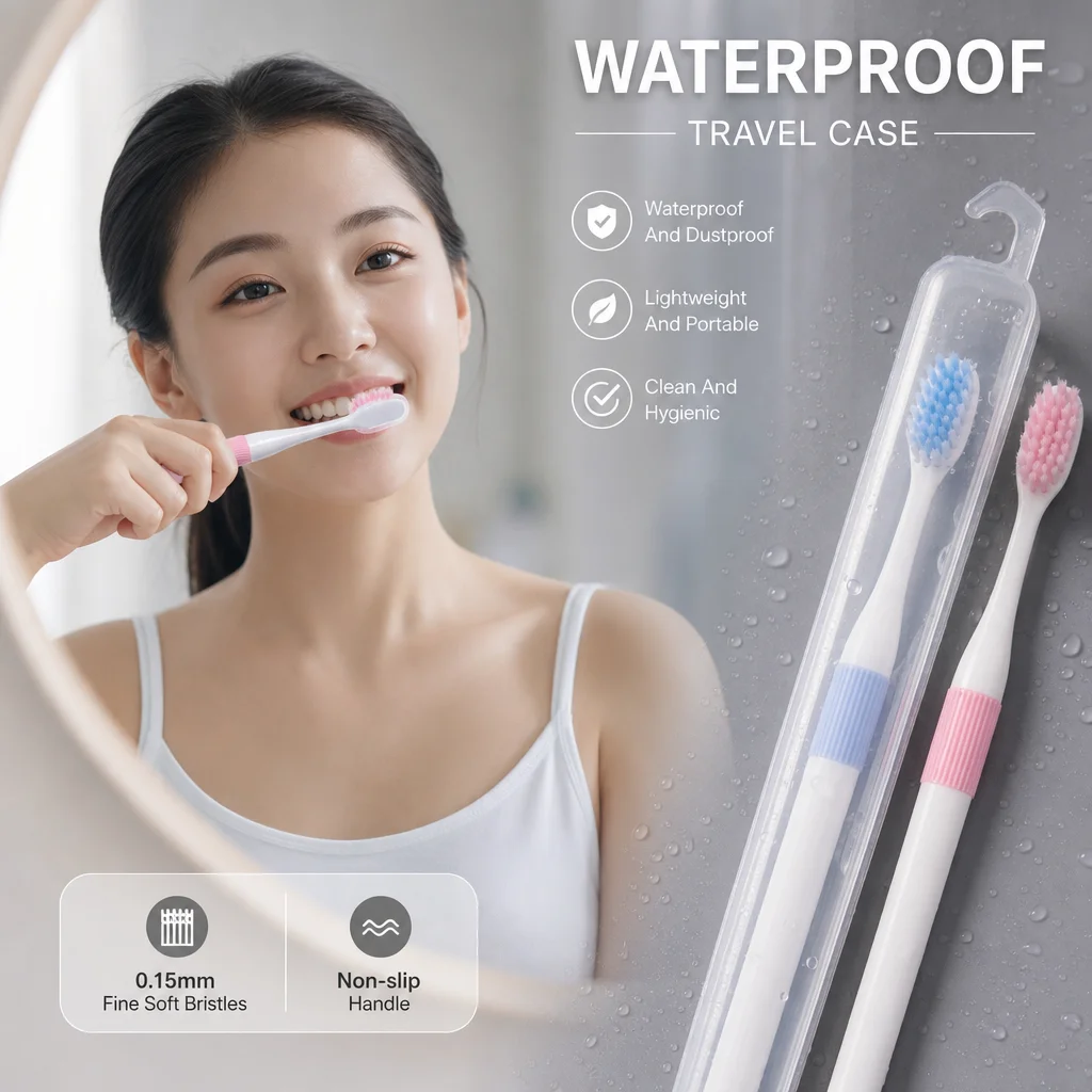 Manual Toothbrush, with Transparent Waterproof Box, 4 Colors, 0.15mm Ultra-Fine Dense Soft Bristles, Non-Slip PP Handle