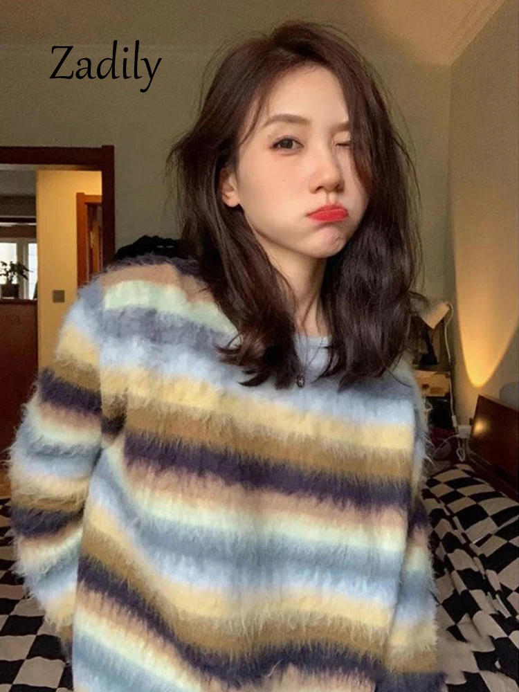 Zadily 2023 Winter Causla Long Sleeve Loose Women Striped Sweater Korea Style Mohair O Neck Knit Ladies Pullovers Warm Clothing