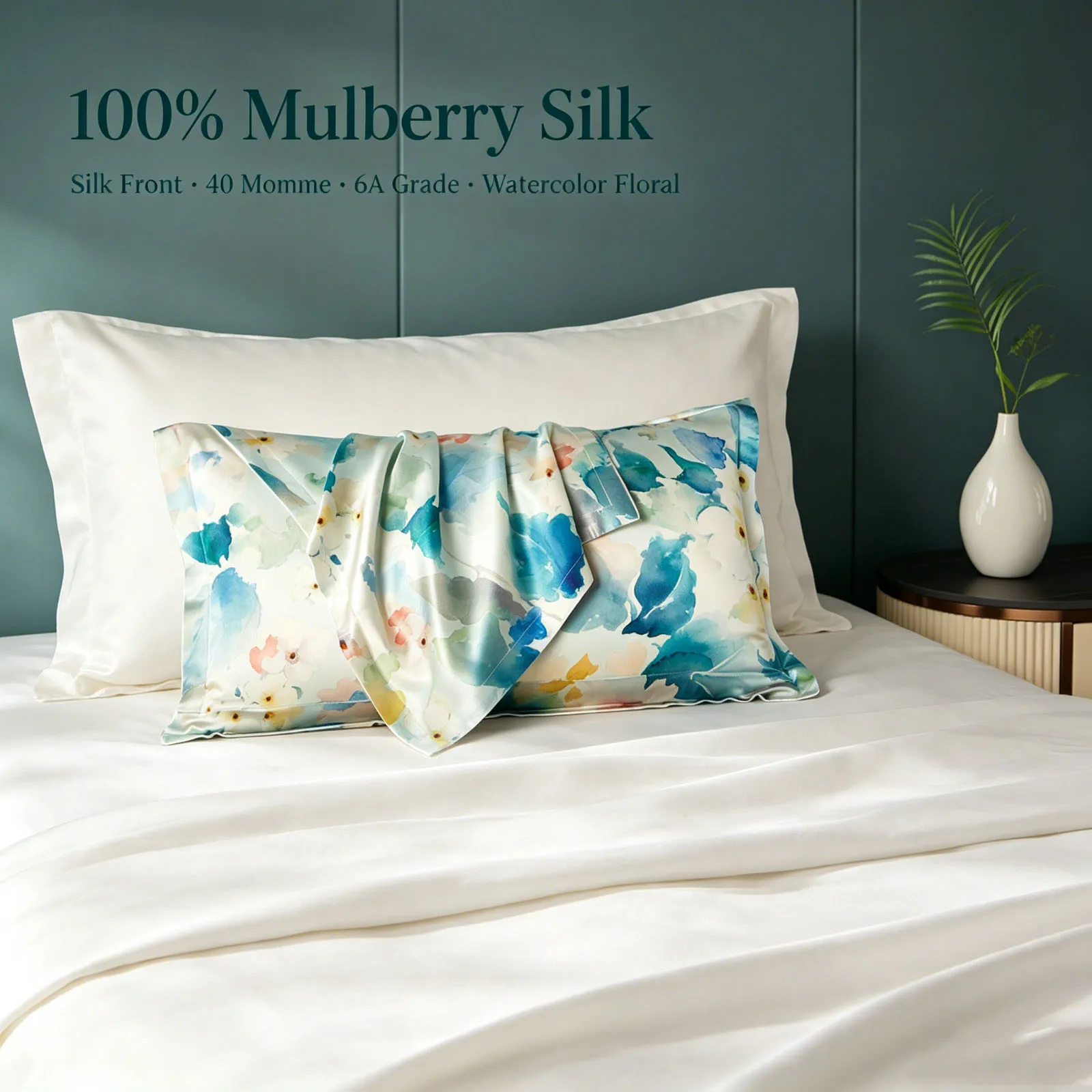 Mulberry Silk Front Pillowcase 40 Momme 6A Grade Watercolor Floral Single-sided Silk Bedding Pillow Cover Hair Skin Queen Size