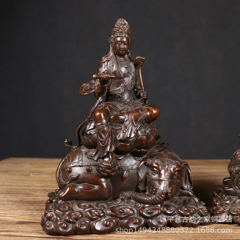 Pure Copper Manjushri Samantabhadra Bodhisattva Brass Green Lion White Elephant Riding Figurine Office Living Room C