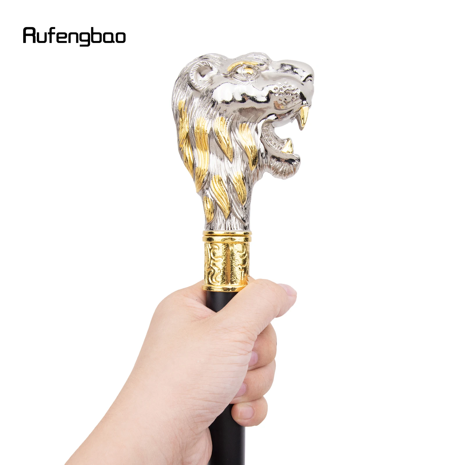 Golden White Lion Head with Mustache Walking Stick with Hidden Plate Self Defense Fashion Cane Plate Cosplay Crosier Stick 93cm