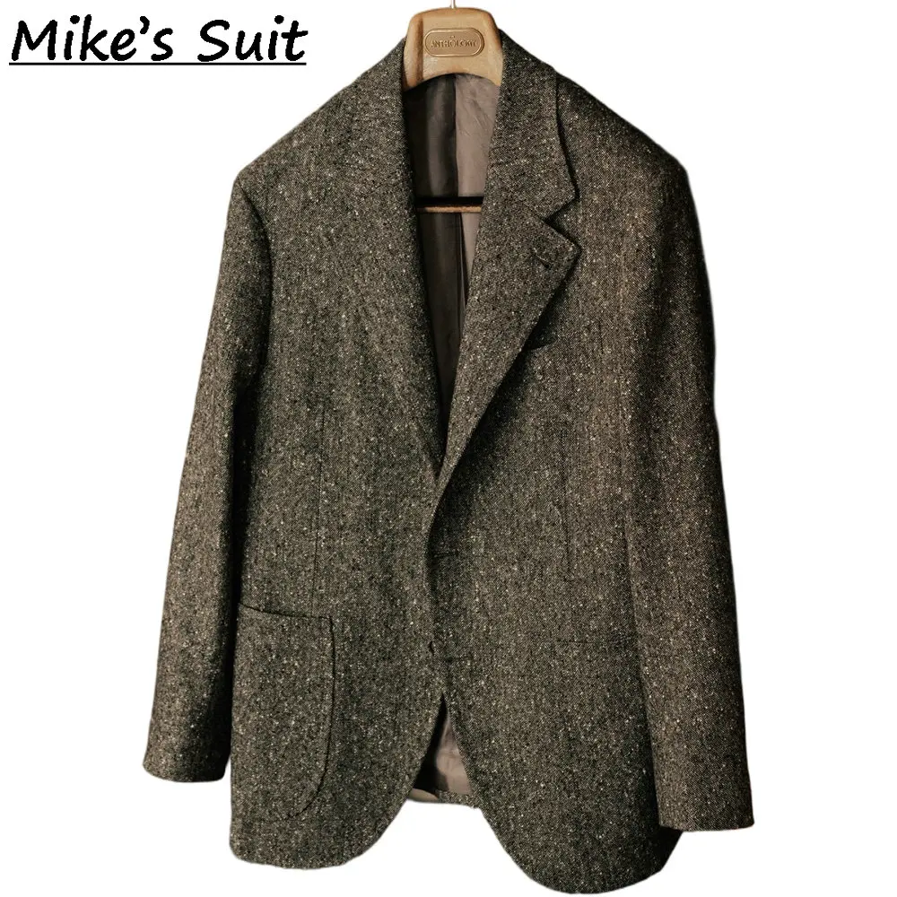 Men Notch Lapel Single Breasted Blazer, Dark Grey Heavy Multi Fleck Speckled Wool Tweed Fabric, Country Wedding Loose Fit Jacket