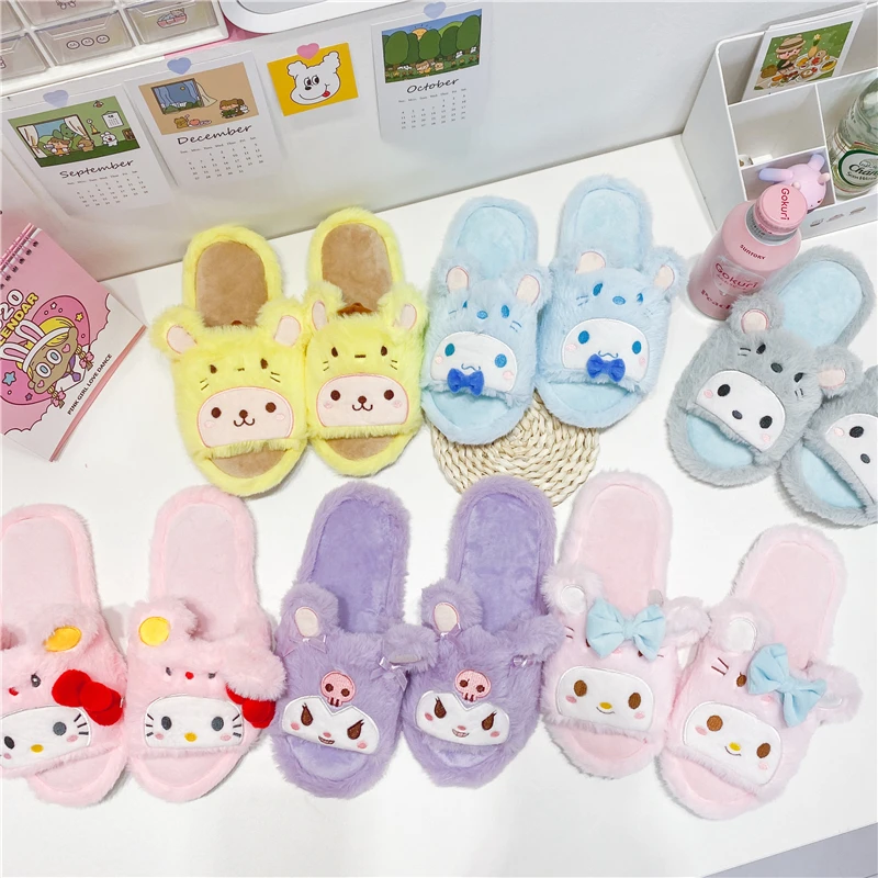 Kuromi My Melody Kawaii Girly Slipper Japanese Anime Cute Plush Warm Shoes Home Indoor Girl Ladies Casual Open Toe Flat Non-slip