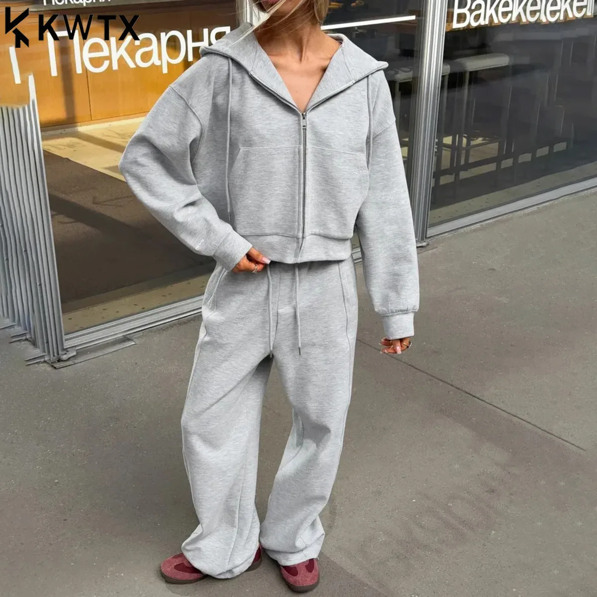 

KWTX 26 New Women’s Hooded Zip Up Cropped Hoodie & Flowy Wide Leg Sweatpants 2Pc Set Casual Commuter Lounge Oversized Athleisure