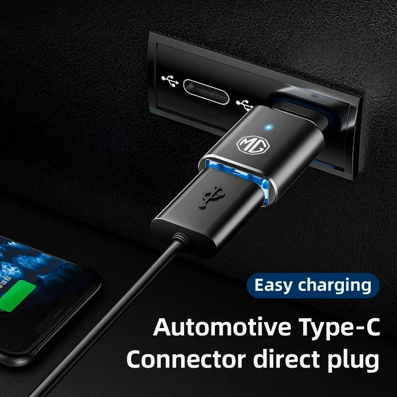 MG Logo Type-C to USB3.0 LED Car Adapter For MG HS MG4 ZS Mulan MG5 GT, Support CarPlay CarLife Converter Interior Accessories
