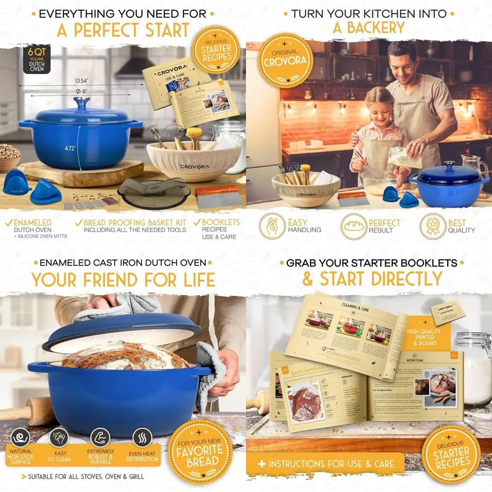 

Эмалированная чугунная голландская духовка для выпечки хлеба с крышкой — идеально подходит для выпечки, бантона, корзины для расстойки хлеба и незаменимая