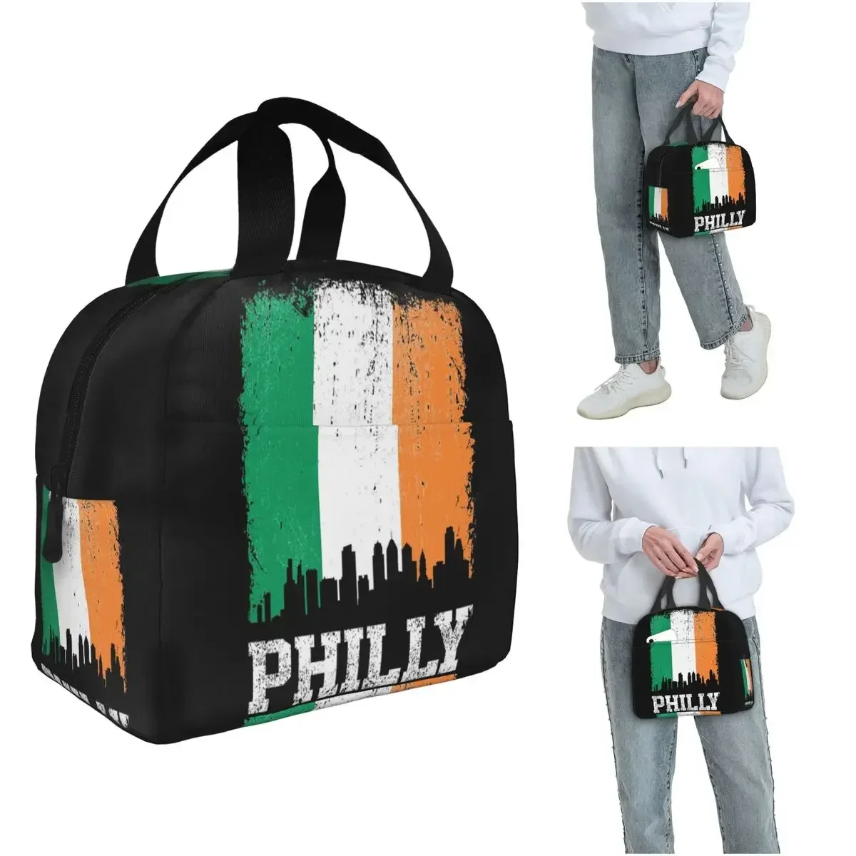 Vintage Philadelphia Irish Flag Philly Skyline Pride Insulated Lunch Bag for Women Children Food Boxes Thermal Lunch Box Tote