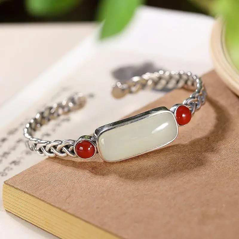 Natural Natural Hotan Jade Southern Red Tourmaline retro creative bracelet for women open bangles Original silver jewelry