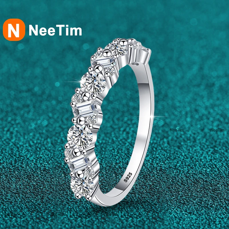 

NeeTim Emerald Cut Round Cut Full Moissanite Ring for Women Sparkling 925 Sterling Silver Lab Diamond Wedding Band Fine Jewelry
