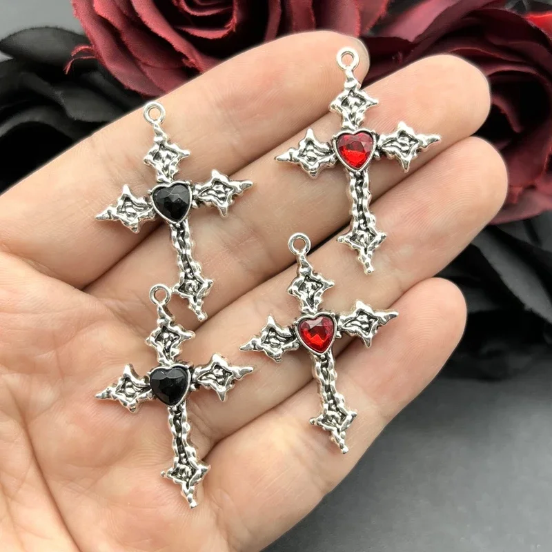 

6pcs 38*28mm Punk Heart Cross Charm Goth Red Crystal Cross Pendant Designer Charms Fit Jewelry Making DIY Jewelry Findings