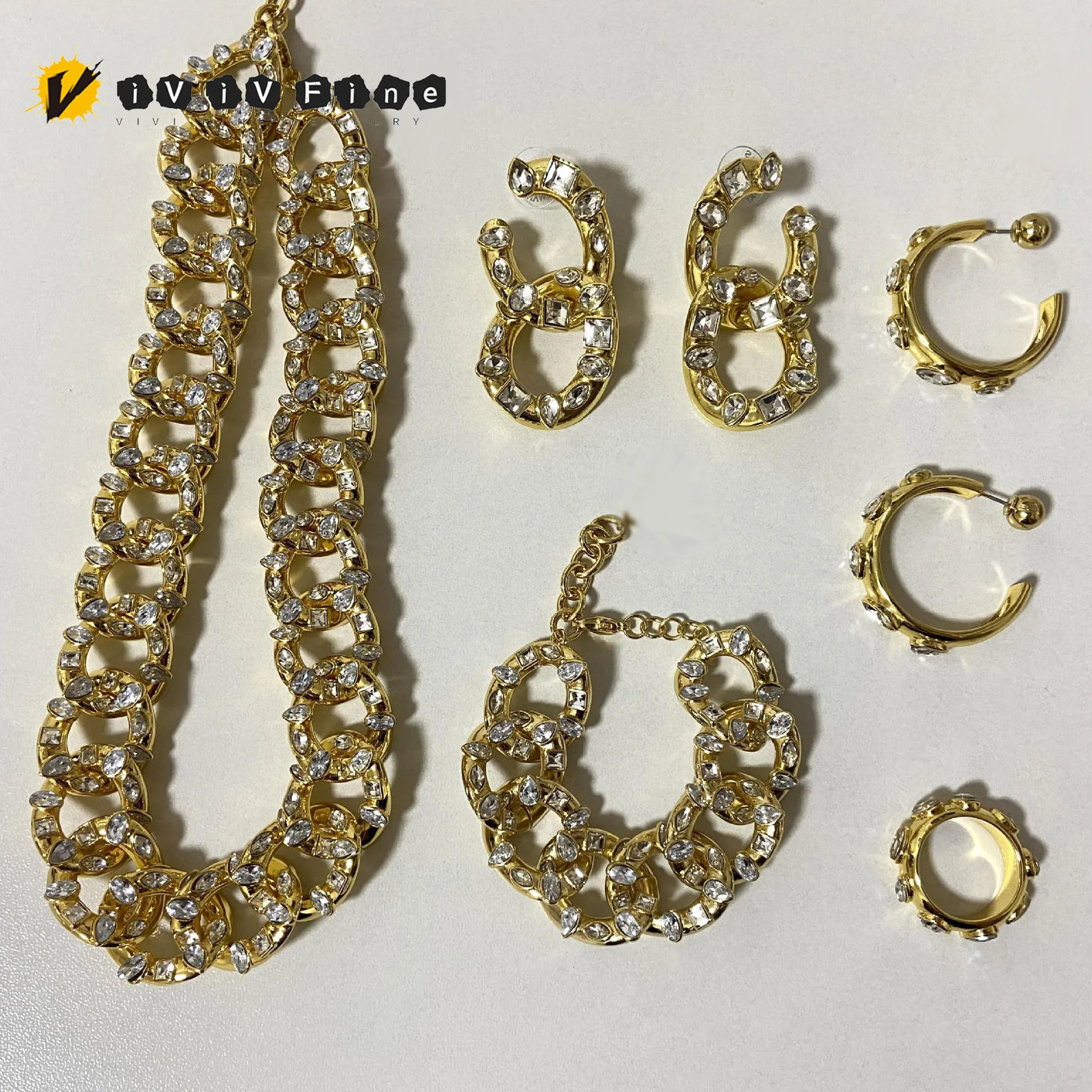 

2025 Original Cut Crystal Shining Gold Jewelry Set Fashion Water Drop Necklace Ring Earrings Bracelet for Women Romantic Gift