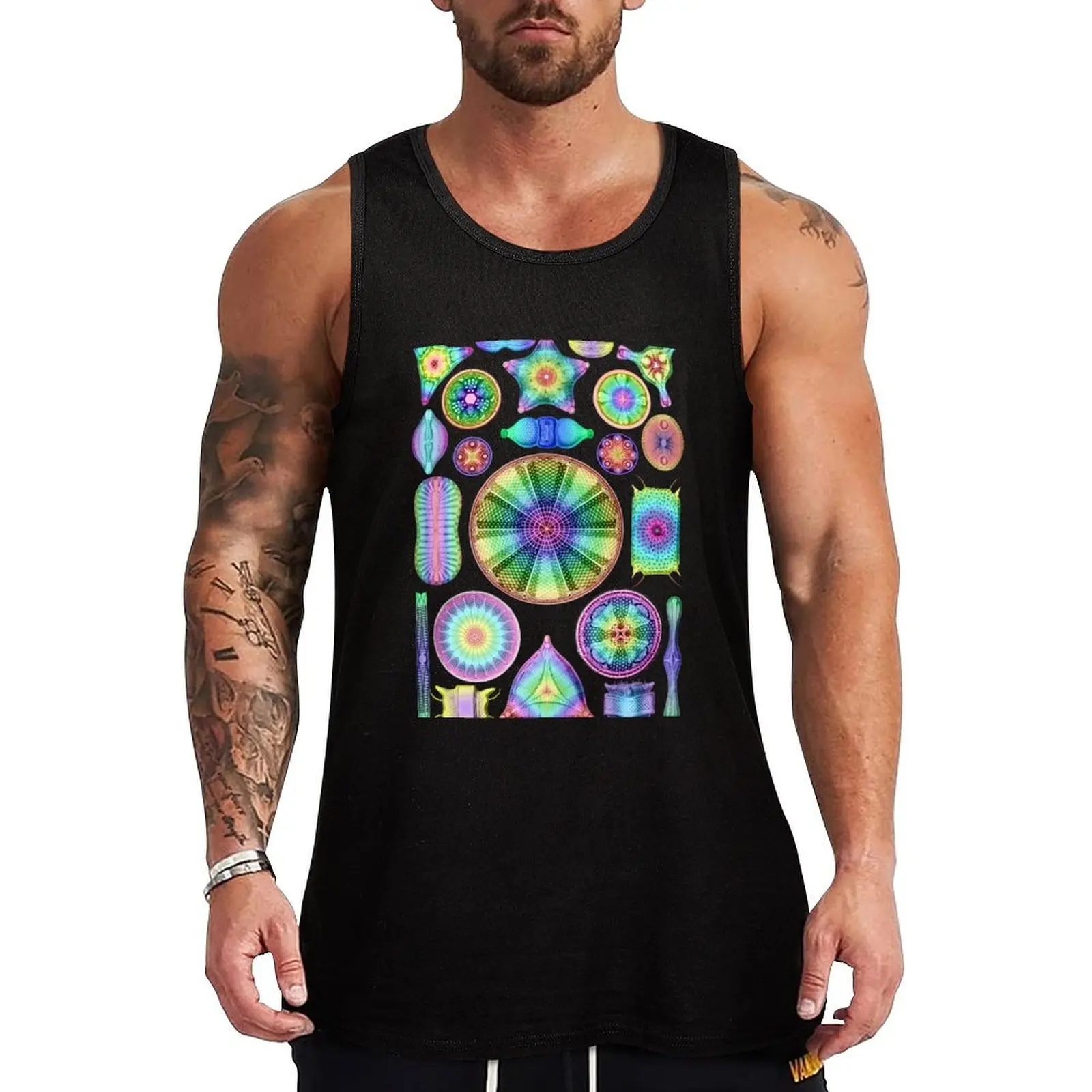 

Ernst Haeckel Rainbow Diatoms on Black Tank Top T-shirt Men's gym sleeveless shirt man gym men