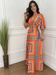 Bohemian Style Printed Long Dresses Women Sexy Deep V-neck Hollow Out Leace-up Bat Half Sleeve Vacation Dress Spring Summer New