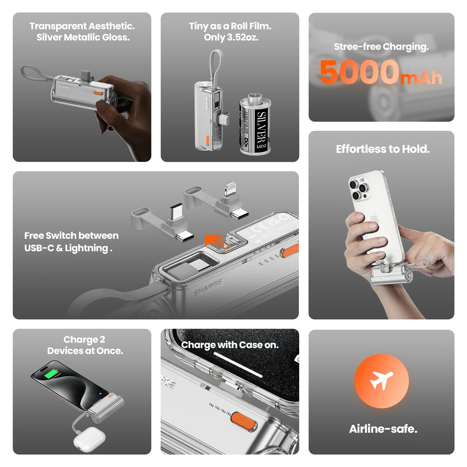 SHARGE Bank Daya 5000mAh, baterai bantu Mini, USB-C ganda + Lightning PD antarmuka pengisian daya cepat untuk iPhone Samsung HUAWE