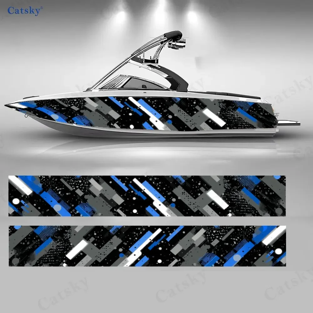 Futuristic Blue & Gray Geometric Boat Stickers, PVC Waterproof Vinyl Wrap Decals for Fishing Boats, Durable and Stylish Design