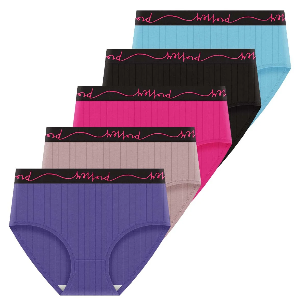 Calcinha boyshort plus size para mulheres, textura canelada roxa, roupa íntima confortável com cintura preta com letras, design elegante